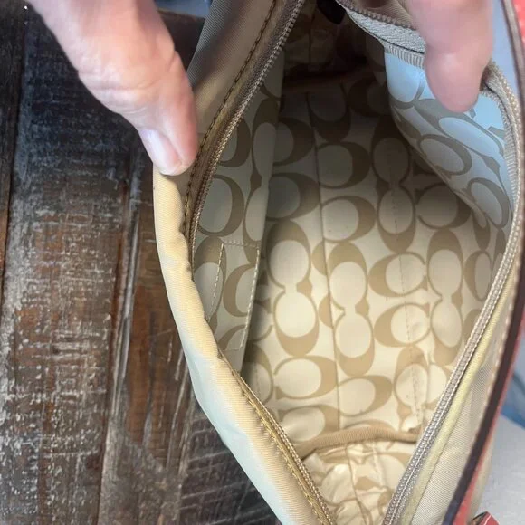 Vintage Coach Hampton Khaki Nylon & Red Orange Leather Mini Bag - Picture 7 of 7